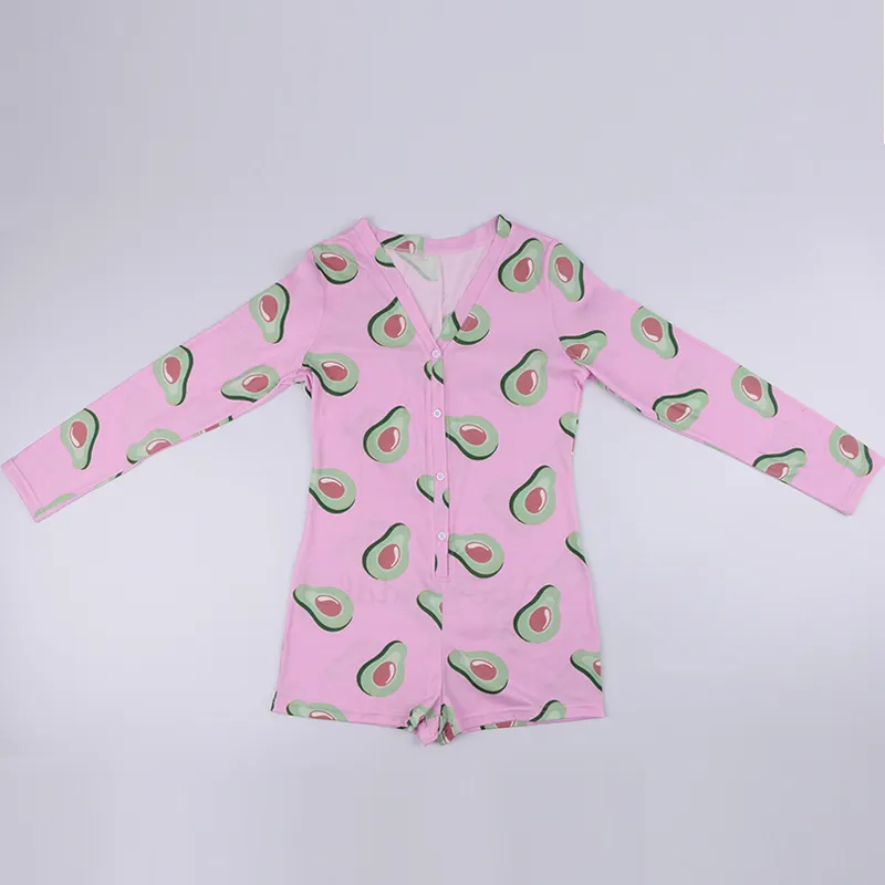 OMSJ Womens Autumn Sleepwear Pyjamas Funny Fruit Print Long Sleeve Skinny Short Jumpsuit Casual Cute Christmas Onesies Adult 210517