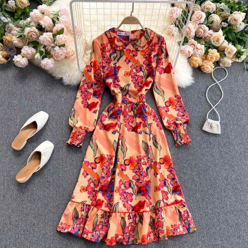 LoveFlowerLife Speing Herbst Casual Print A-Linie Kleid Puffärmel Peter Pan Kragen Mitte Wade Hohe Taille Frauen Kleider 210521