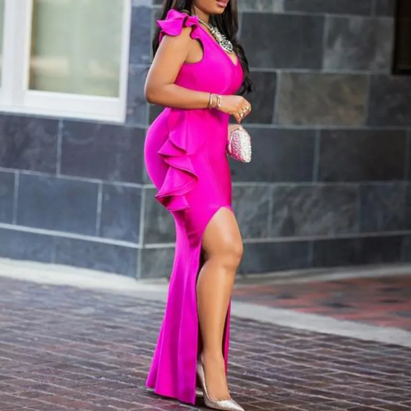 OMSJ Elegante Sexy Party Neon Pink Bodycon Dress Vintage Profondo scollo a V Donna senza maniche lunghe Ruffles Maxi 210517