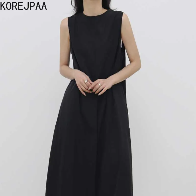 Moda coreana chic verano retro color sólido cuello redondo suelto color sólido chaleco irregular split vestido falda larga mujer 210526