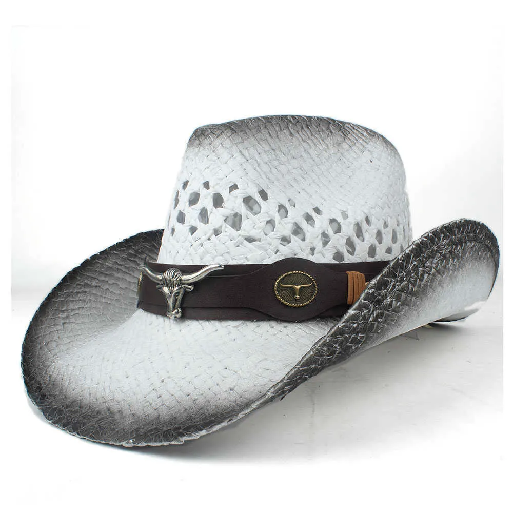 2019 Uomo Donna Cappello da cowboy occidentale di paglia Cappello a tesa larga estivo Cappello da cowgirl Sombrero Hombre all'aperto Q0805