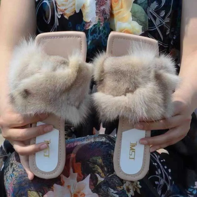 European Station, summer 2021 100% real fox sandals square-headed hair slippers fashionable and anti-skid women's shoes Y0804