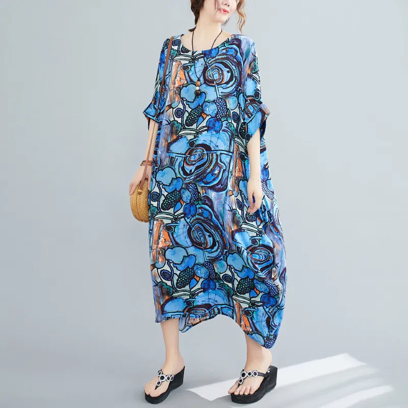 Johnature Summer Retro Sukienka Drukuj O-Neck Koreański Luźny Wygodny Pół Rękaw Plus Size Kobiety Vintage Dresses 210521