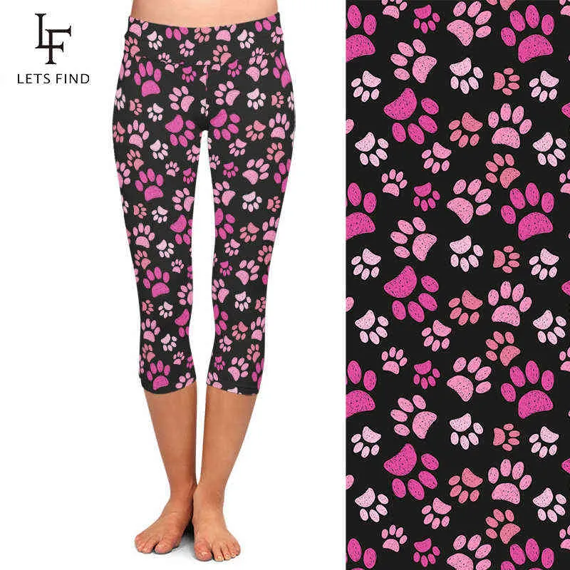 LETSFIND Summer Cute Pink Dog PAWS Printed Leggings Super Soft High Waist Plus Size Slim Mid-Calf 210925