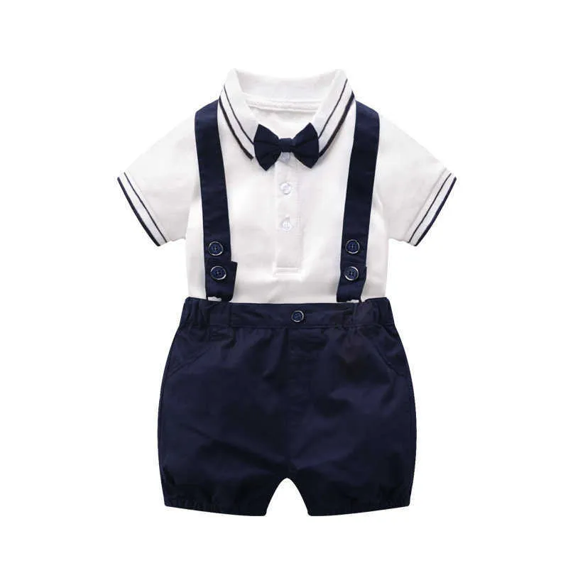 Baby pojkar kläder sätter sommar toddler gentleman bomull skjorta + suspendern byxa spädbarn boutique kläder född dop outfits 210615