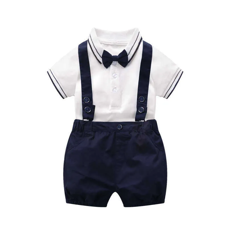 Conjuntos de ropa para bebés, camisa de algodón de caballero para niños pequeños de verano + pantalón con tirantes, ropa de boutique infantil, trajes de bautismo nacidos 210615