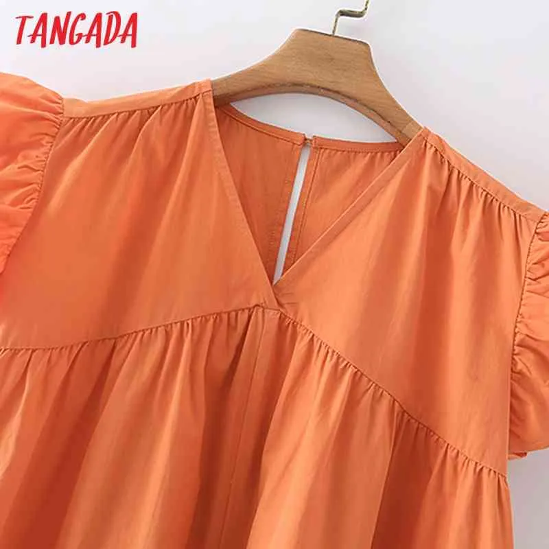Été femmes Orange col en V volants à manches courtes dames Mini robe Vestidos 5X50 210416