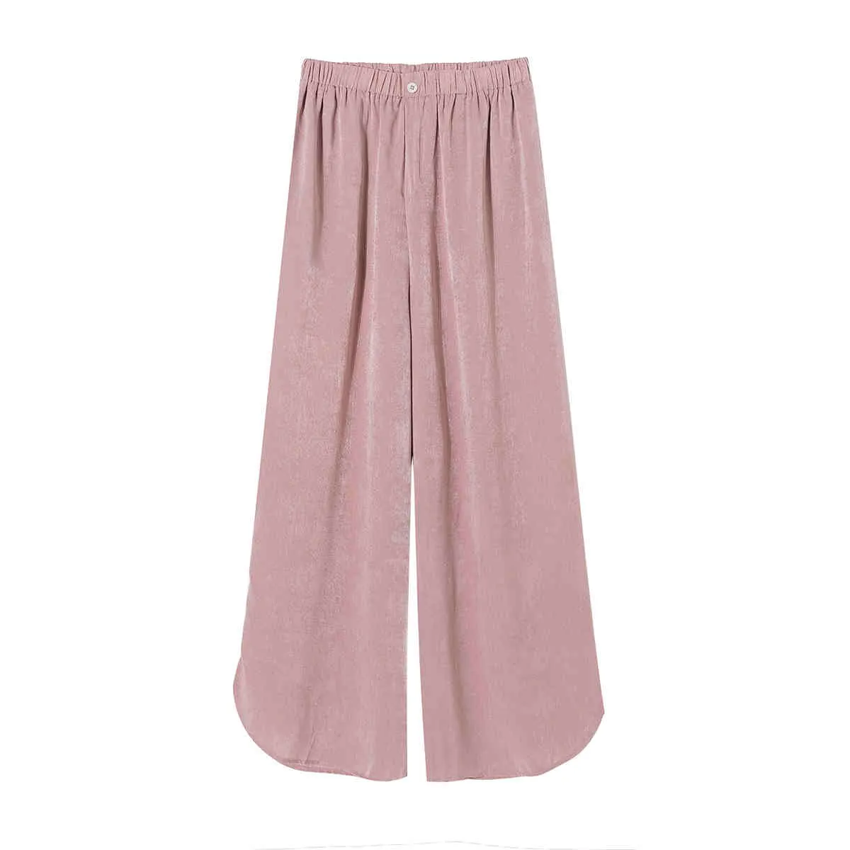 Mode de glanzende roze wijde beenbroek vrouwen elastische hoge taille broek vrouwelijke zomer strand losse palazzo 210430