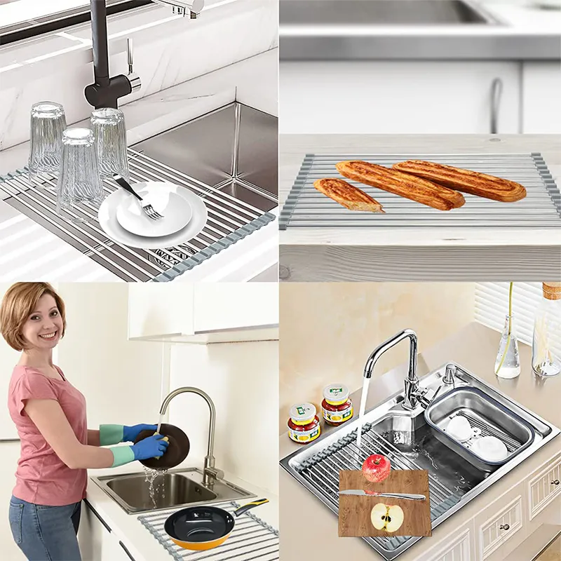 巻き上げられた皿の乾燥ラックの排水装置の折りたたみ箱の台所の台所オーガナイザーフルーツマットの携帯用保管ホルダー220307
