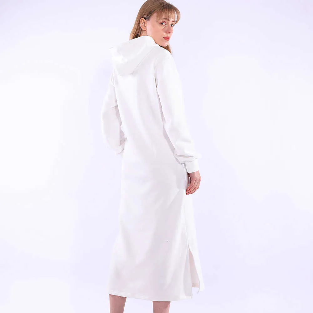 Lange Hoodie Dres Herbst Winter Fleece Tasche Kawaii Vintage Casual Weiß Split Maxi Mit Kapuze Sweatshirts Kleider Pullover 210910