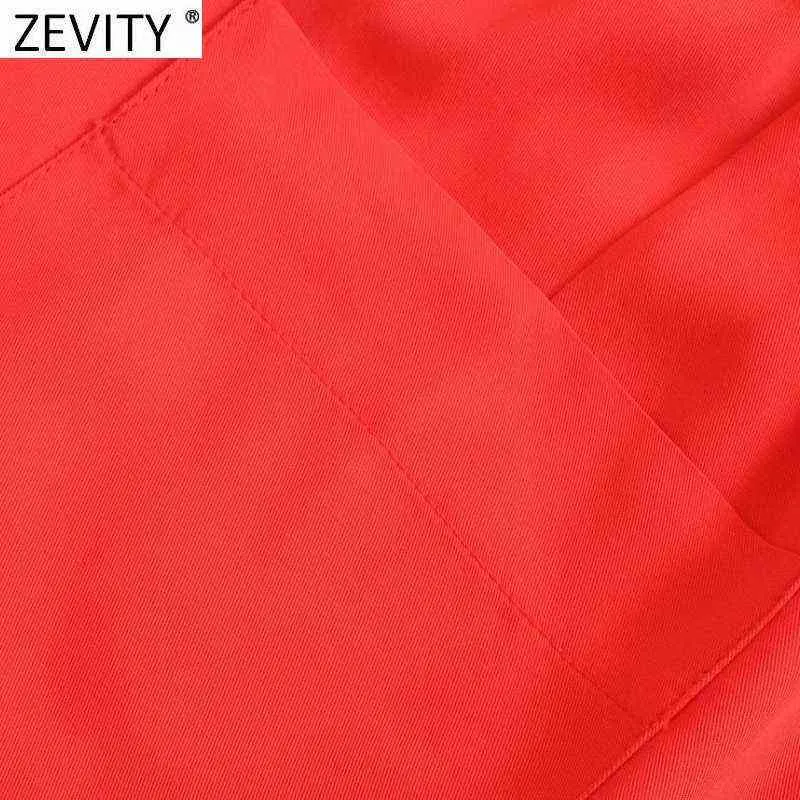 Zevity femmes simplement couleur unie poches Patch décontracté pantalon droit femme Chic taille élastique à lacets été pantalons longs P1129 211112