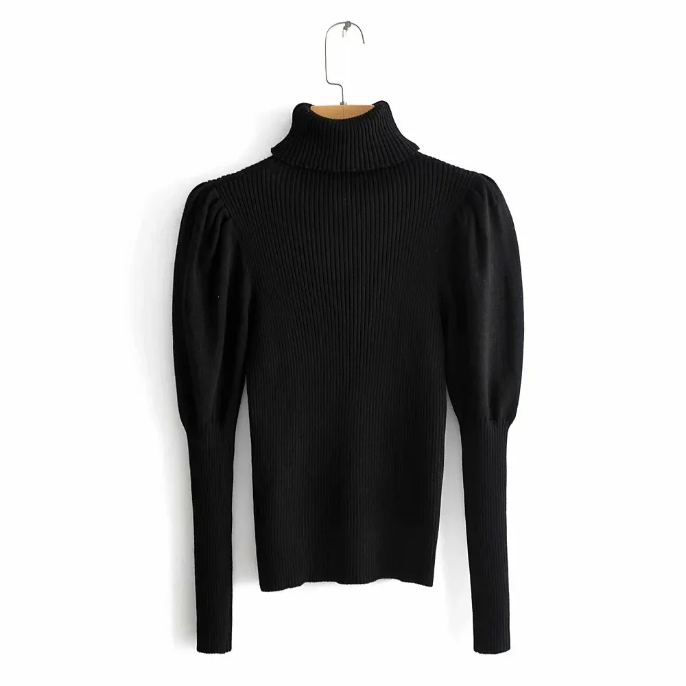 Pull basique à col roulé femme pull bleu manches longues bouffantes automne hiver pull noir pull femme 210415