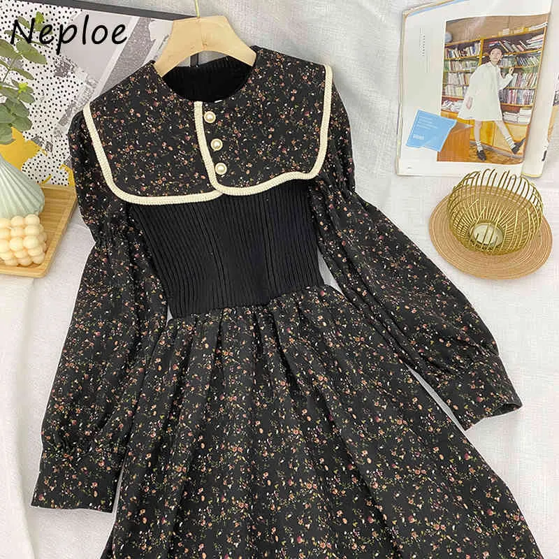 Neploe Vintage Print Fake Two Piece Patch Dress Donna Vita alta Anca Una linea Slim Vestidos Doll Collar Abito manica lunga Primavera 210423