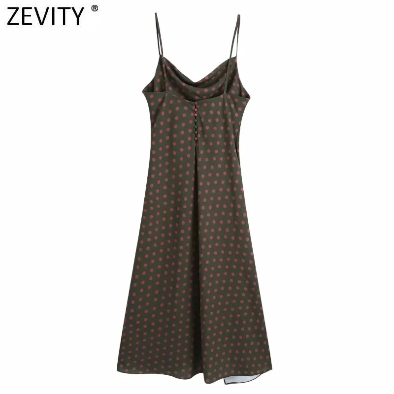 Kvinnor Vintage Slash Neck Polka Dots Skriv ut Sling Vestido Ladies Spaghetti Strap Back Buttons Chic Party Dresses DS4638 210420