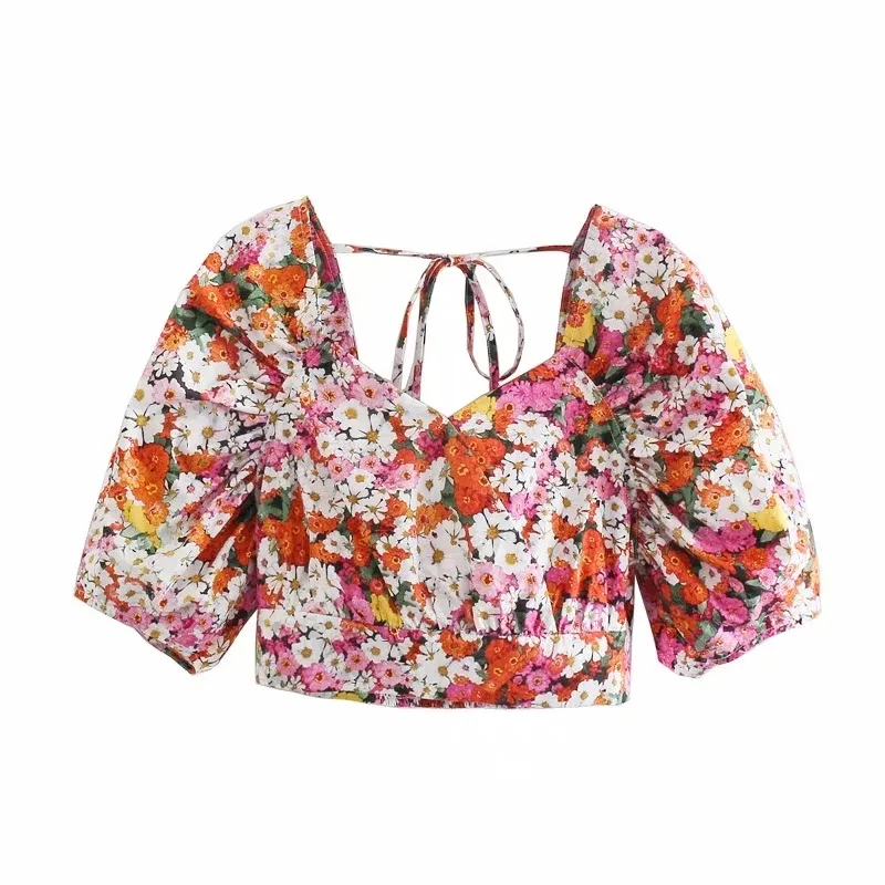 Summer Women Floral Print Square Collar Short Blouse Female Raglan Sleeve Shirt Smock Casual Lady Crop Tops S8851 210430