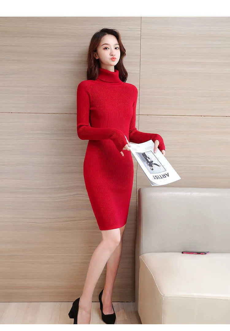 Korean Sweater Dress Fashion Women Knitted es Elegant Turtleneck Sweaters Knitting Plus size Winter es 210604