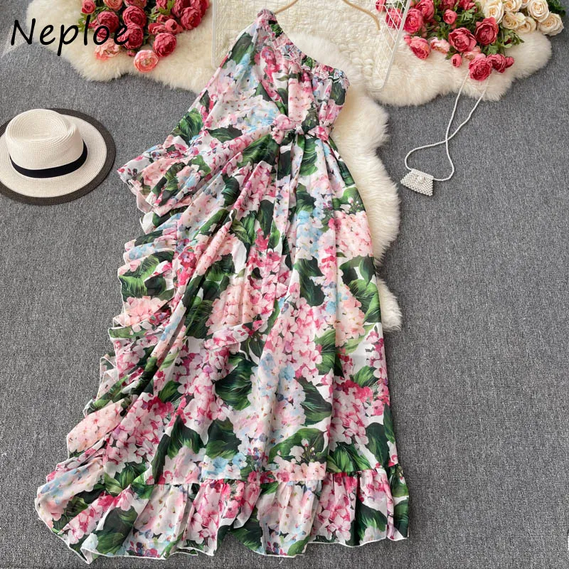 Neploel Holiday Bohemian Print Kleid Frauen Hohe Taille Hüfte Schärpen Asymmetrische Vestidos Sommer Langarm Robe Mujer 210510