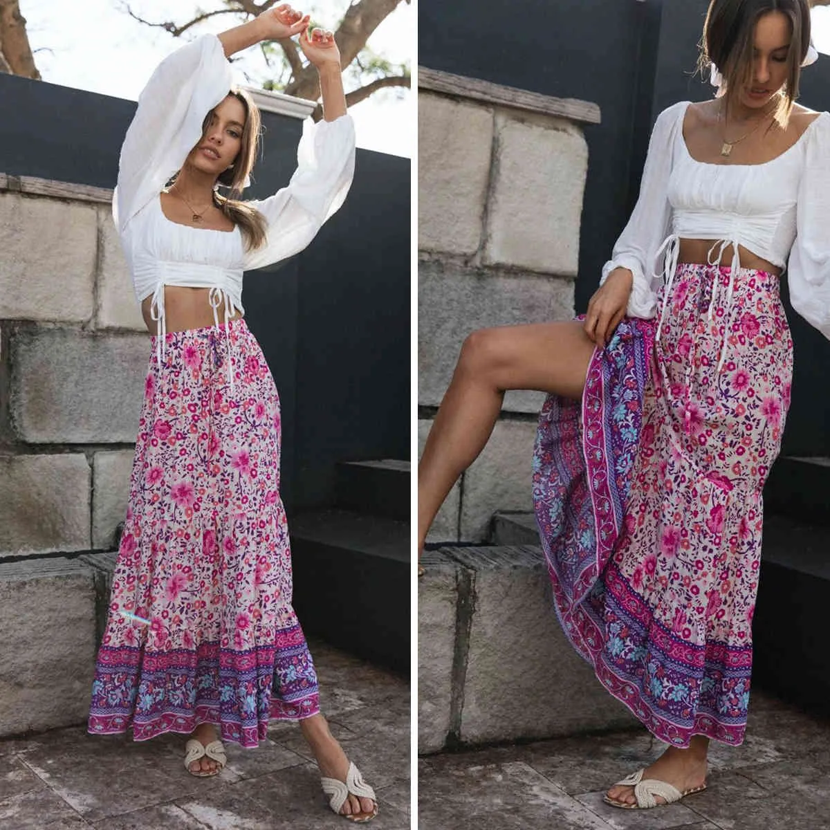 Jastie 바이올렛 꽃 무늬 Boho Maxi 스커트 여름 여성 의류 탄성 허리 캐주얼 해변 긴 스커트 Mujer Faldas 210419