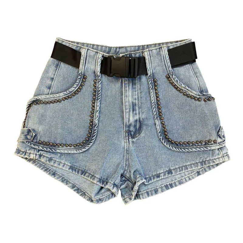 Deat Summer Fashion High Street rechte klinknagelvakken Sashes Button Fly Solid Denim Shorts Women SB565 210709