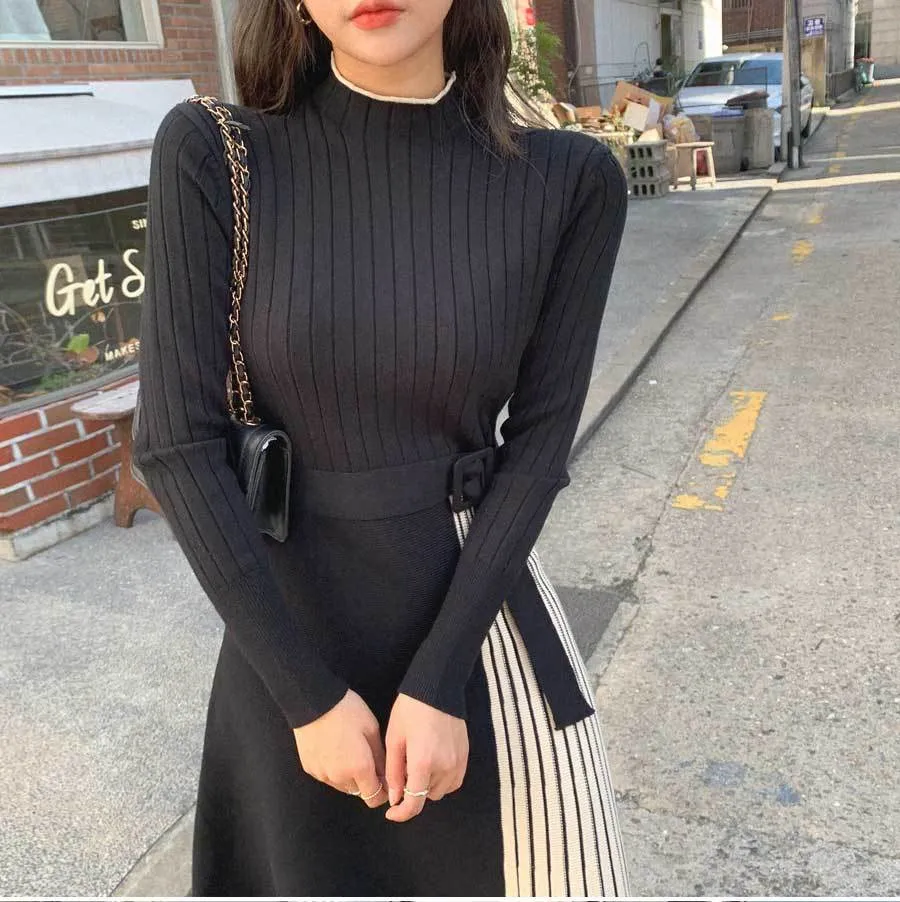 Color-blocked Knitted Women Long Dress Sleeve Stand Collar Pleated Dresses Korean Elegant Fashion Ladies Vestidos 210513