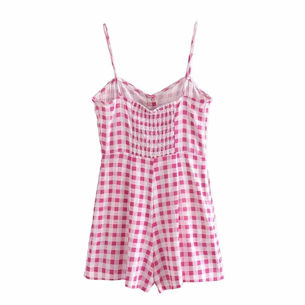 Été Élastique Camisole Courte Combinaison Femmes Dos Nu Rose Plaid Barboteuses Casual Streetwear Poches Dames Doux Vêtements 210531