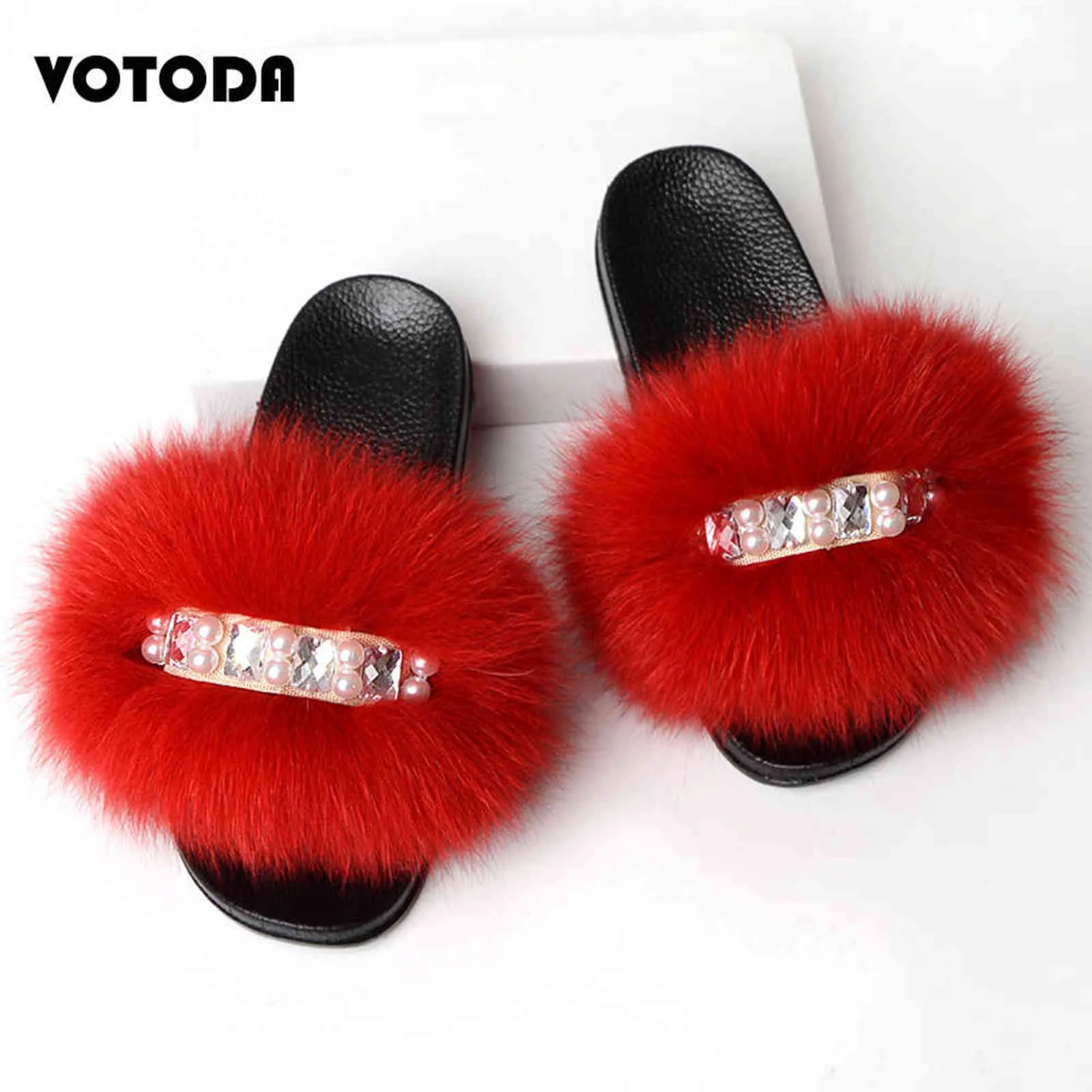 Summer Pearl Sandals Women's Furry Fur Slippers Luxury Elegant Fox Fur Slides Fluffy Soft Fur Flip Flops Girls Cute Chain Shoes H1122