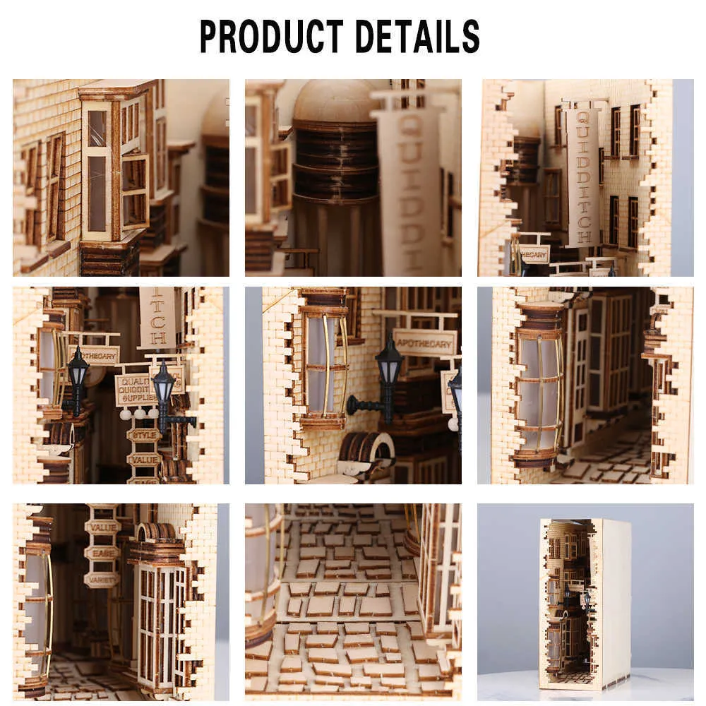 Legno Diagon Alley Book Nook Kit Fermalibri Stand Scaffale Inserisci Decorazione fai da te Costruzione di modelli Libri decorativi di lusso 211108