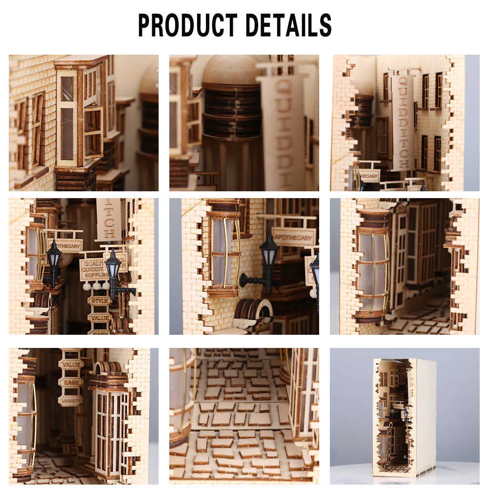 Wooden Diagon Alley Book Nook Kit Bookend Stand Bookshelf Insert DIY Decor Model Building Luxury Decorative Books 211108