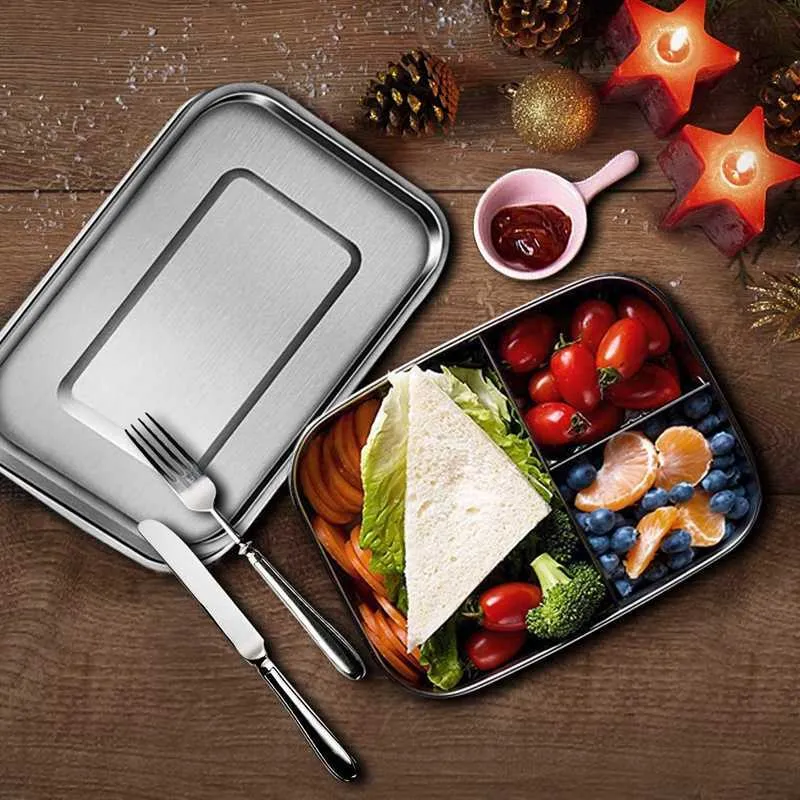 Bento-Lunchbox aus Edelstahl, Kinderbehälter, Bento-Lunchbox mit 3 Fächern, sandfarben, zwei Seiten, Lebensmittelbehälter, Back to School 210818