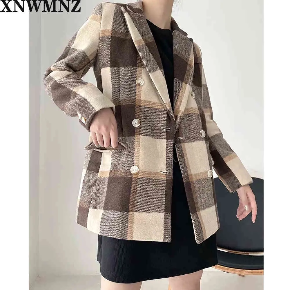 ZA Frauen Vintage Stilvolle Zweireiher Plaid Blazer Mantel Mode Langarm Taschen Büro Tragen Weibliche Oberbekleidung Chic Tops 210510