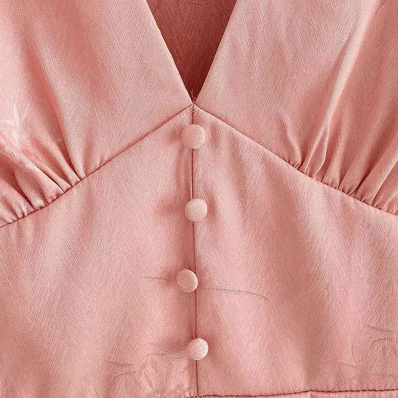 Foridol Blumendruck Satinkleid Laternenärmel Vintage Party Minikleid sexy tiefer V-Ausschnitt Button Up rosa kurzes Kleid Vestidos 210415