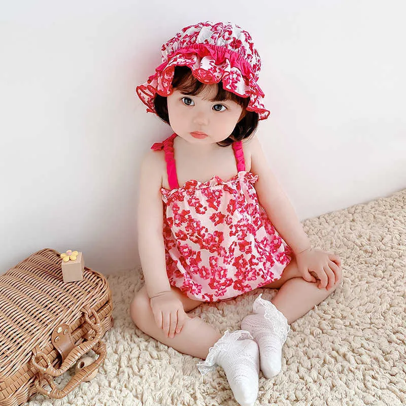 Bébé Floral Barboteuse Fille Coréenne Jarretelles Combinaison Été Toddler Filles Mignon Body Infant Anniversaire Barboteuses avec Chapeau 210615