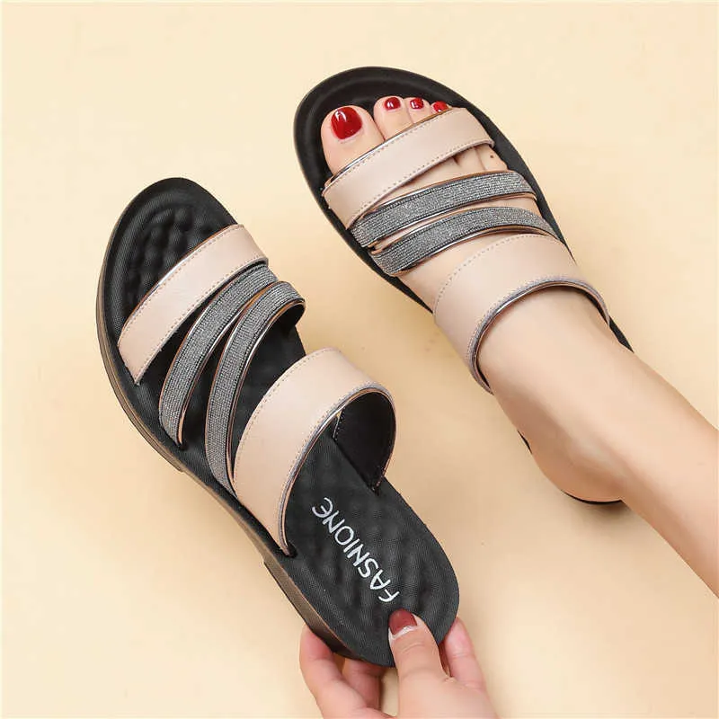 Shoes Woman Summer Sandals Women Leather Flat Comfortable Footwear Beach Slippers Womens Wedge Low Heels Shoes mother shoes 210715