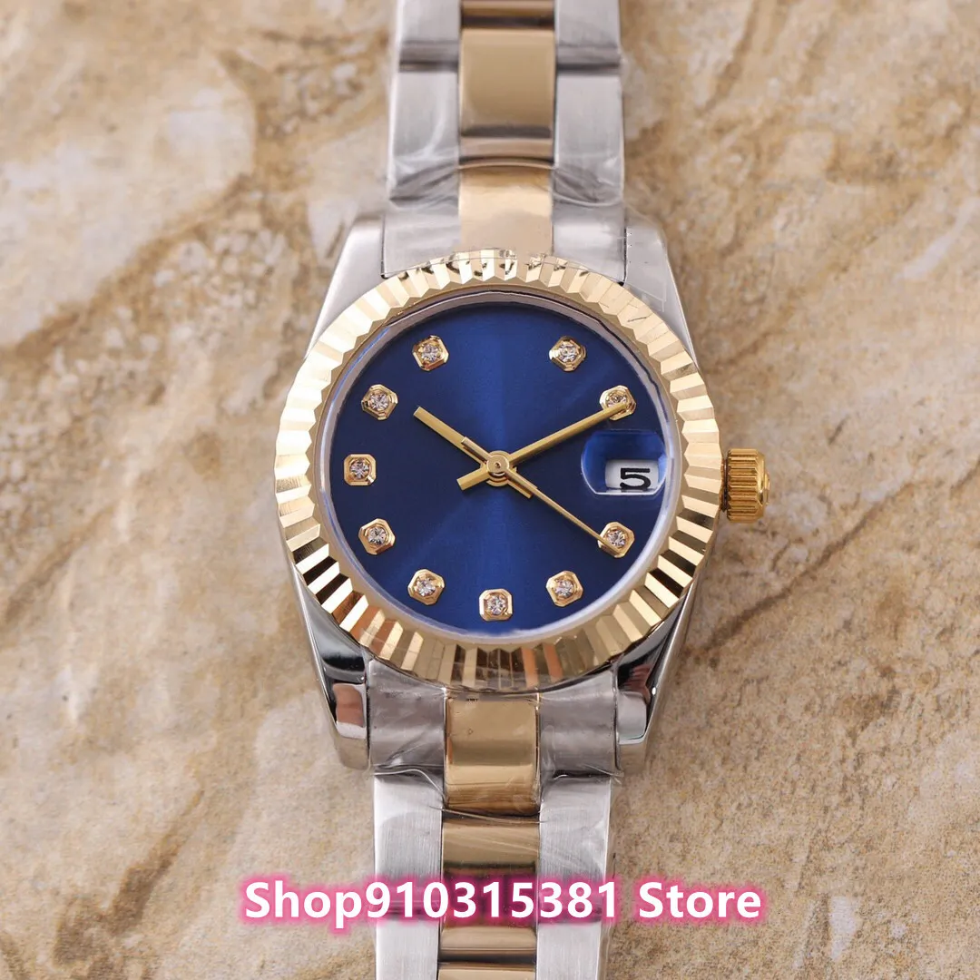 Classic Women Stainless Steel Sapphire Date Watch Lady Automatic Mechanical Geometric Diamond Yellow Gold Blue dial 31mm