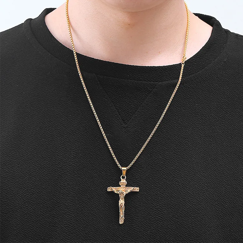 Unisex Männer Edelstahl Anhänger Halskette Christian Crocifix Jesus Patron Saint mit Rolo Chain178W