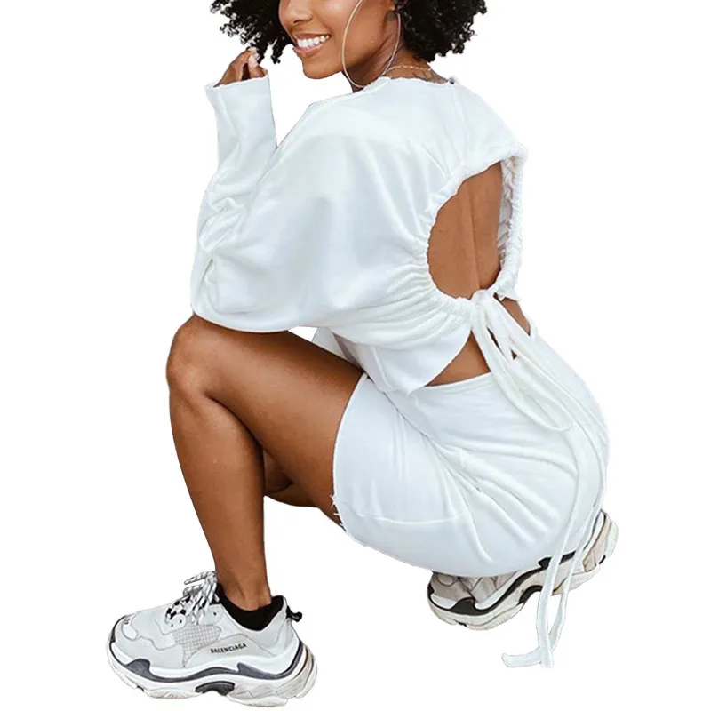 Kadınlar Elbise Pileli Backless Bandaj Wrap Kalça Kılıf Katı Renk Tam Boy Düzenli Kollu Diz Yukarıdaki Seksi Moda 210522