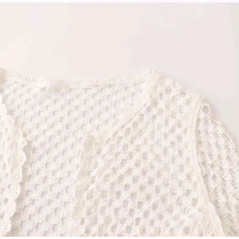 Kimutomo Beach Style Cardigan Mince Femmes Crochet Fleur Creux Out Dentelle Lâche Vêtements Femelle Couleur Solide Manches Longues Casual Top 210521