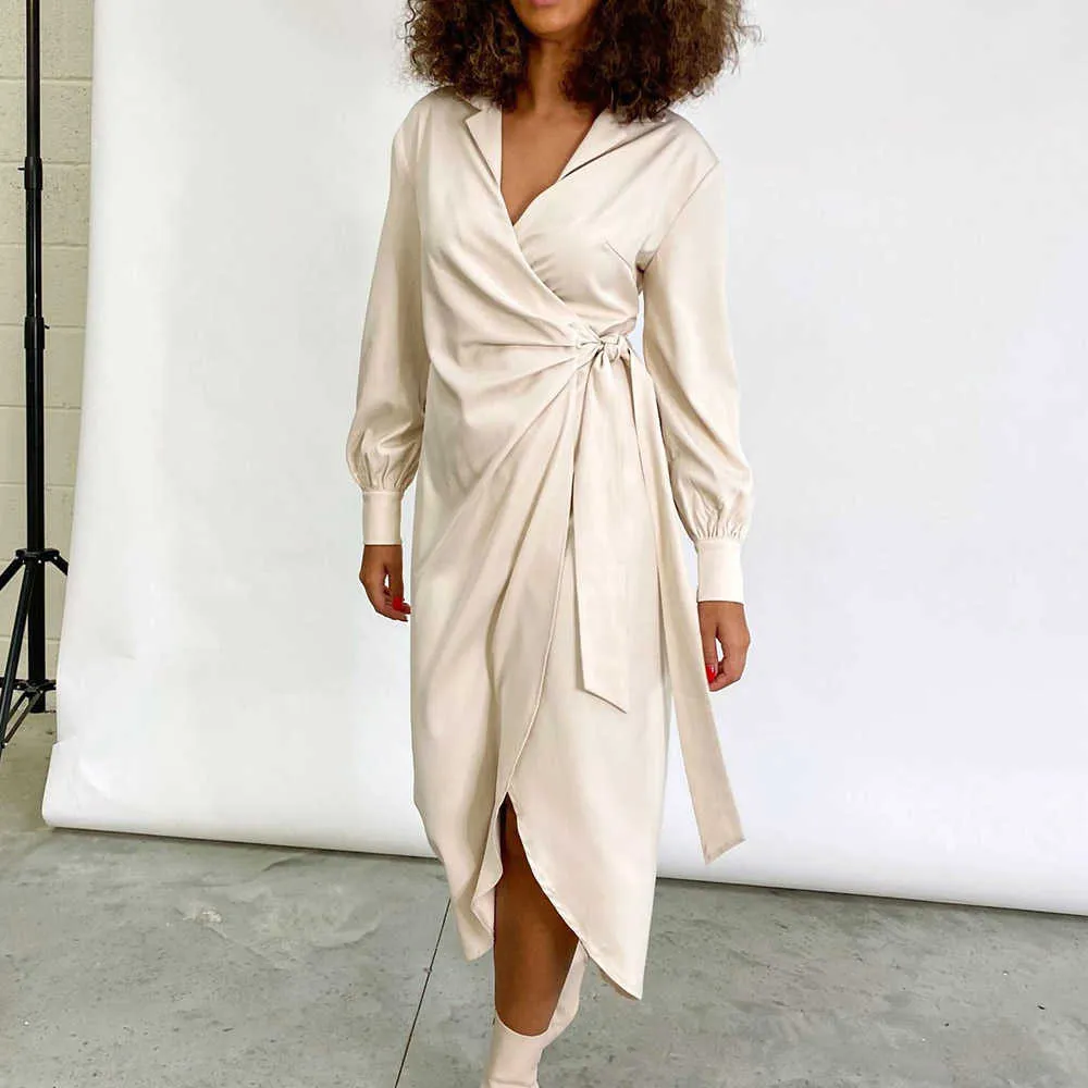 Elegant klänning kvinnor fall 2021 spets upp enkel skärning komfort franska retro wrap klänningar kvinnlig sexig split midi robe y1006