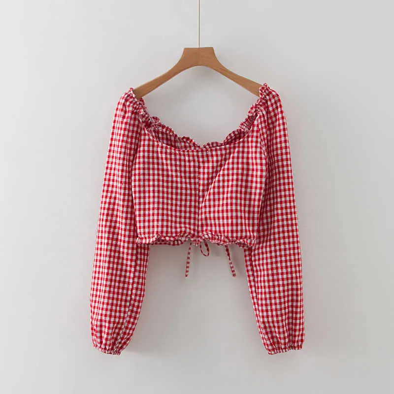 Sommar Mode Plaid Toppar Vintage Kvinnor Sweetheart Neck Lace Shirt Kontrollera Blusflicka Kvinna CGGF 210603