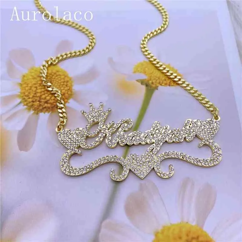 Aurolaco Collana Nome personalizzata con diamanti Bling Bling Placca d'oro in acciaio inox Donne Regalo 220119
