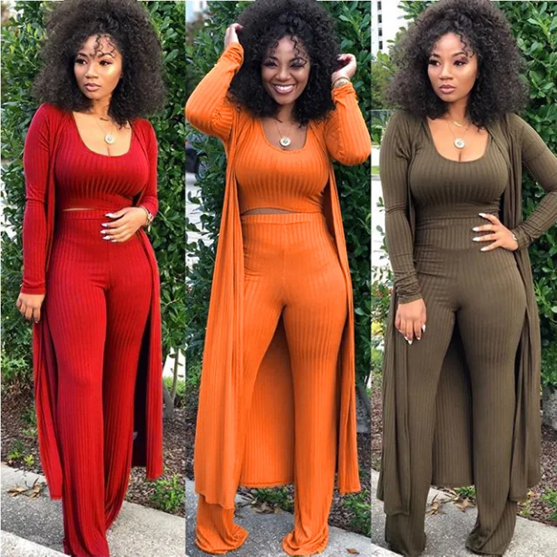 Women's suit Three-piece O Neck Long sleeve Solid Knitted Plus Size Autumn Red Brown Army green Orange Arrival 210416