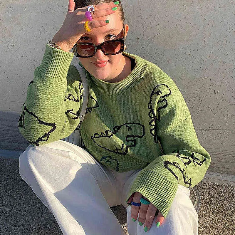 Sweater surdimensionné Femmes Y2K Automne Pull Pull Couple Dinosaure Pull en vrac 90s Vert Manche longue Manches Tricot Jumper Femmes 211103