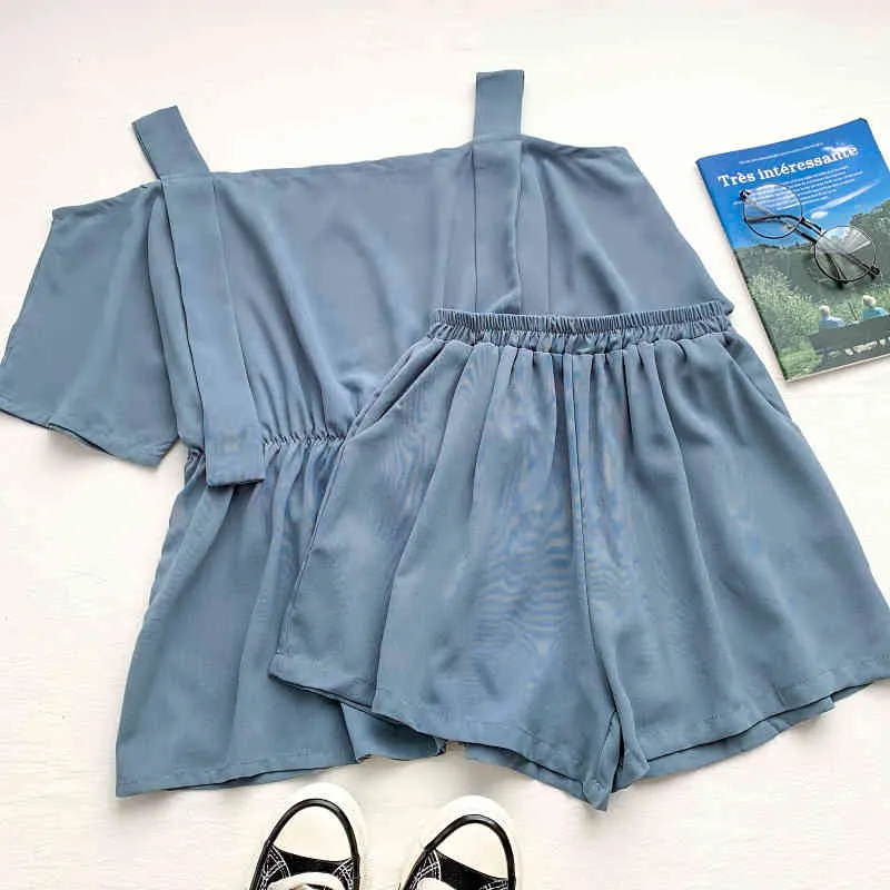 Kimutomo Sommeranzug Frauen Mode Einfarbig Schulterfrei Sling Top + Hohe elastische Taille Breites Bein Shorts 2 Stück Sets 210521