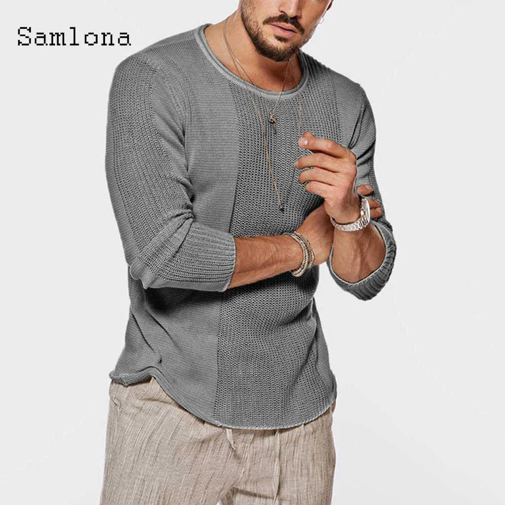 Samlona Pull à tricoter Hommes Automne Nouveau Loisirs Casual Manches longues Top plissé Pulls Pulls Kaki Gris Hommes Vêtements 2020 Y0907