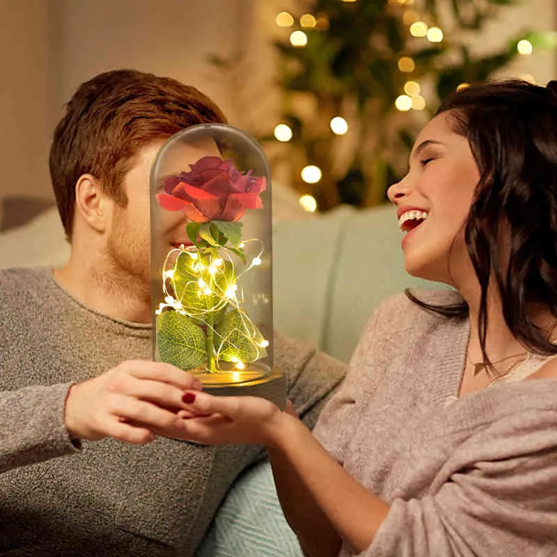 Gifts for women Eternal Rose In Glass Dome Artificial Forever Flower LED Light Beauty The Beast Valentines Mother Day Christmas Gifts for Women Y211229