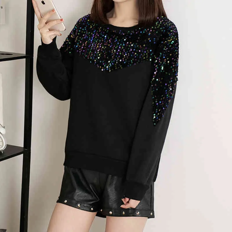 Automne Hiver Crewneck Sweatshirt Femmes Paillettes Pull Plus Taille Solide Manches Longues S Vestes 12471 210508