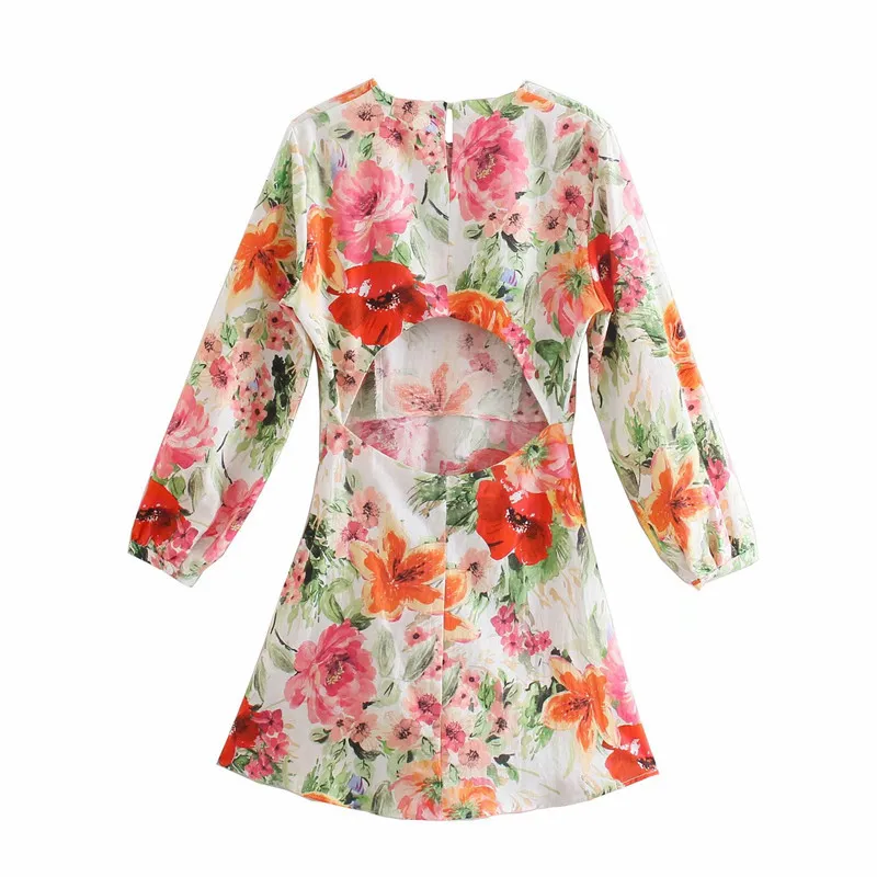 Casual vrouwen o nek show taille jurk lente-herfst mode dames chinese stijl vrouwelijke bloem gedrukt mini 210515