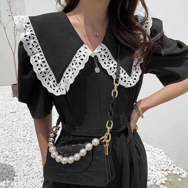 Korjpaa Kvinnor Jumpsuits Sommar Koreanska Chic Ladies Franska Elegant Lace Stitching Lapel Slips Midja Ärmlös Jumpsuit 210526