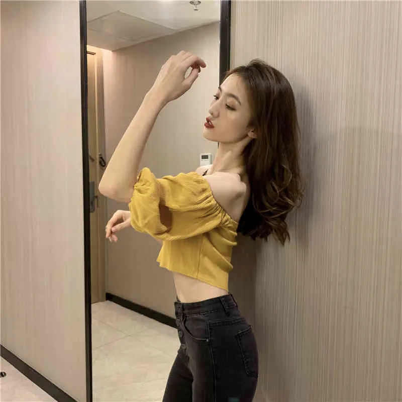 Sexy Slash Neck Pullover Vêtements coréens Mode Off-Shoulder Short Blouses Chemises Blanc Blusa À Manches Longues Femmes Tops 059G 210420
