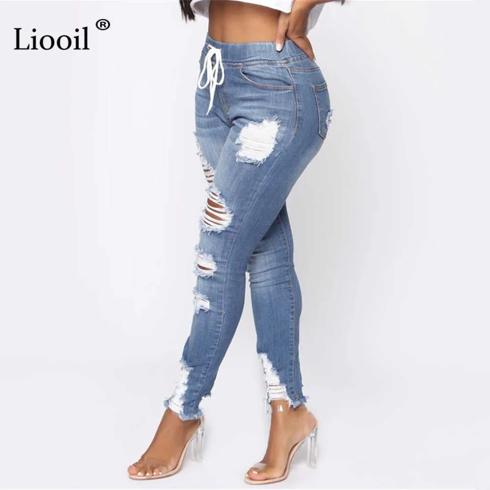 Light Blue Ripped Jeans for Women Street Style Sexy Mid Rise Distressed Trouser Stretch Skinny Hole Denim Pencil Pants 210715